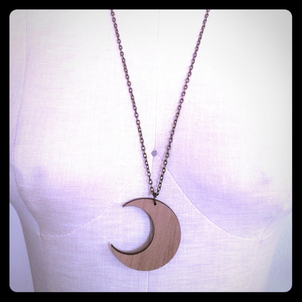 NEW goth witch boho wood crescent moon necklace